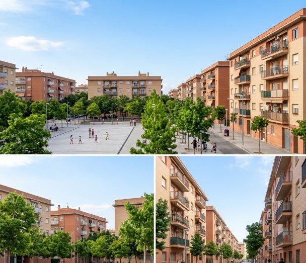Vistas de las calles, bloques de viviendas y plazas del renovado barrio de Sant Cosme en El Prat de Llobregat